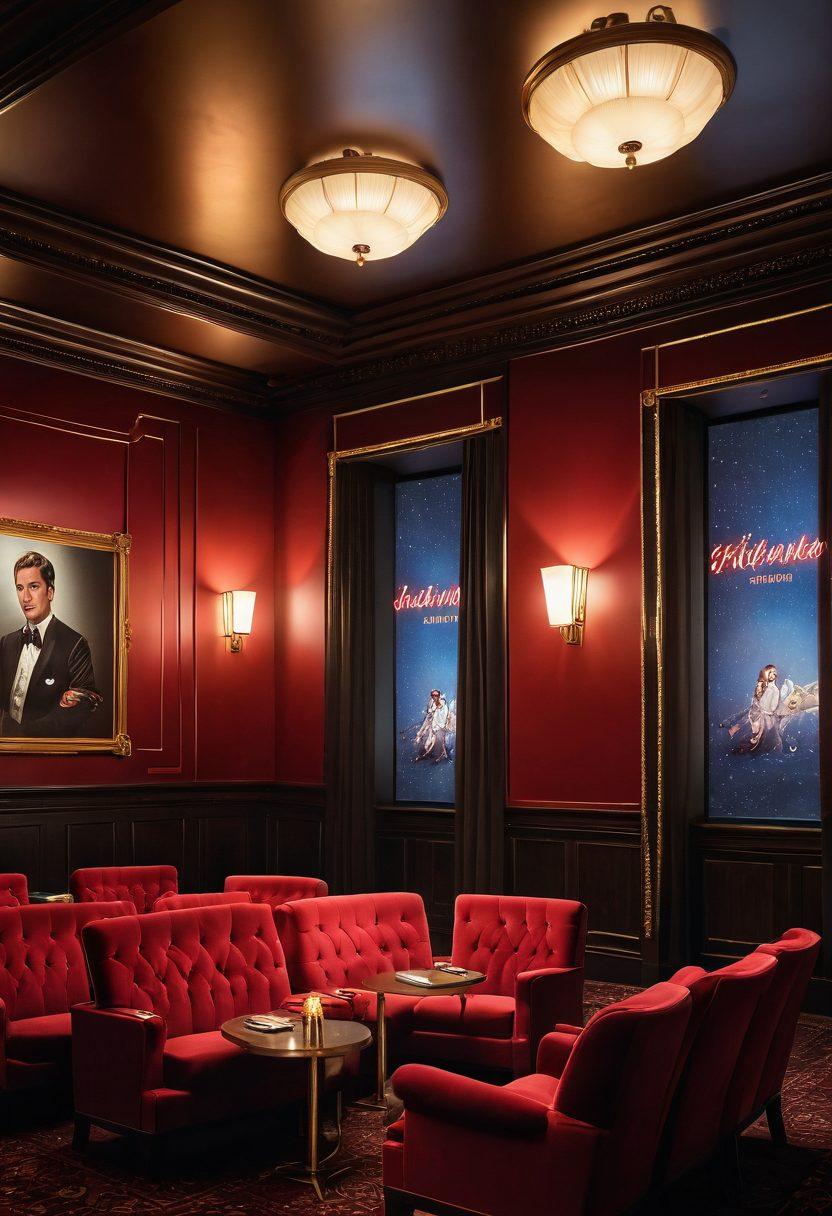 A sophisticated cinema lobby with plush red velvet seats and a large screen showcasing iconic scenes from classic adult films. The ambiance is dimly lit with golden accents, while vintage film reels and posters adorn the walls. A couple of patrons engage in lively discussion, displaying a mix of excitement and intrigue. Captivating light flares highlight the glamour and adult elegance of the space. super-realistic. vibrant colors. cinematic atmosphere.