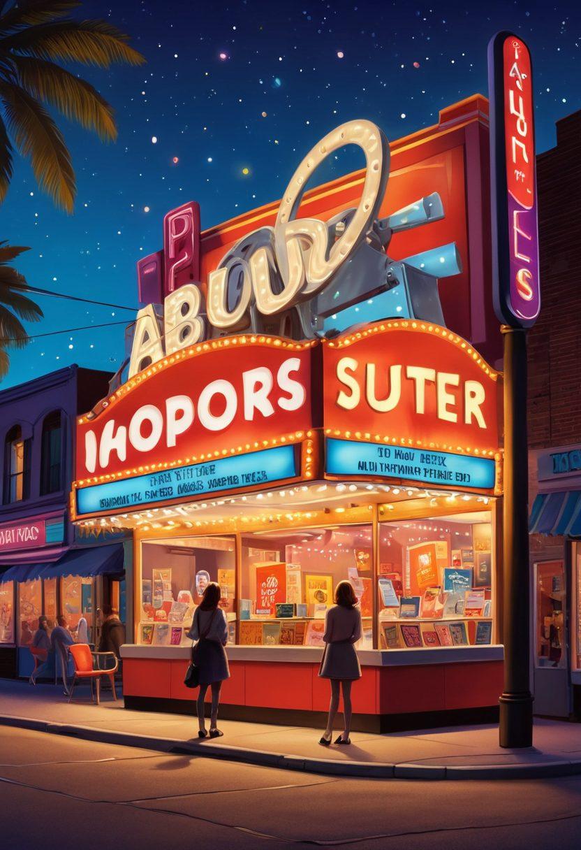 A whimsical landscape filled with oversized film reels and playful popcorn characters, blending elements of eroticism and humor. In the foreground, a colorful guidebook labeled 'Adult Movies' flutters open, surrounded by lighthearted critiques and recommendations floating like thought bubbles. The background features a vibrant cinema marquee with twinkling lights. Bright colors and a fun, cartoonish style enhance the playful ambiance. vector art. vibrant colors.